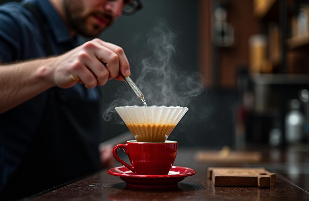 Precision pour-over coffee brewing in an industrial stone and steel setting